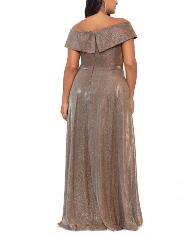 Plus Size Draped Off-The-Shoulder Metallic Gown Sand $73.08 Dresses