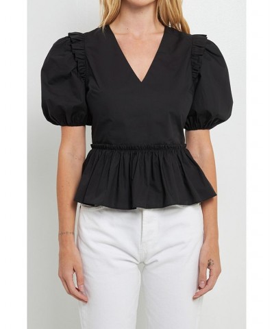 Women's V-neckline Puff Sleeve Top Black $46.80 Tops