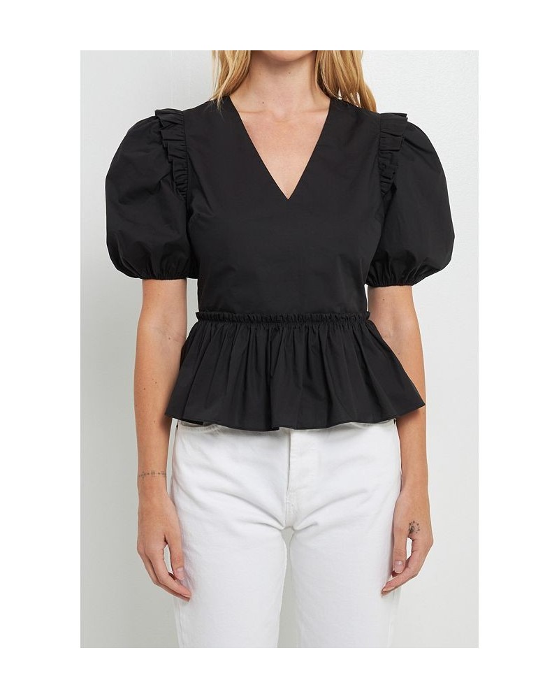 Women's V-neckline Puff Sleeve Top Black $46.80 Tops