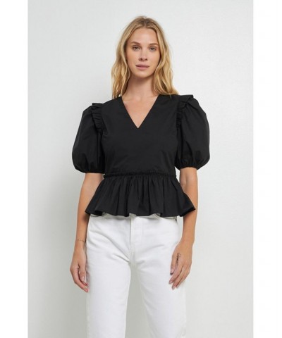 Women's V-neckline Puff Sleeve Top Black $46.80 Tops