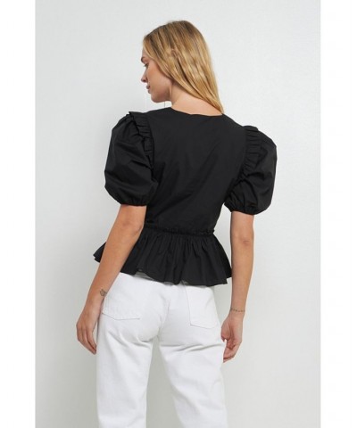 Women's V-neckline Puff Sleeve Top Black $46.80 Tops