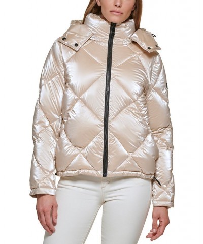 Women's Quilted Cropped Hooded Puffer Coat Tan/Beige $72.20 Coats