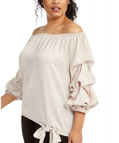 Plus Size Puff-Sleeve Blouse Tan/Beige $40.94 Tops