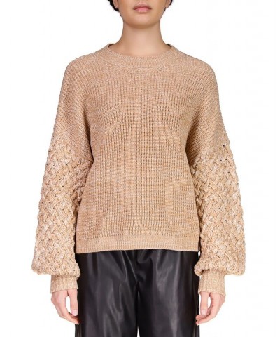 Women's Drop-Shoulder Cable-Sleeve Sweater Tan/Beige $34.24 Sweaters