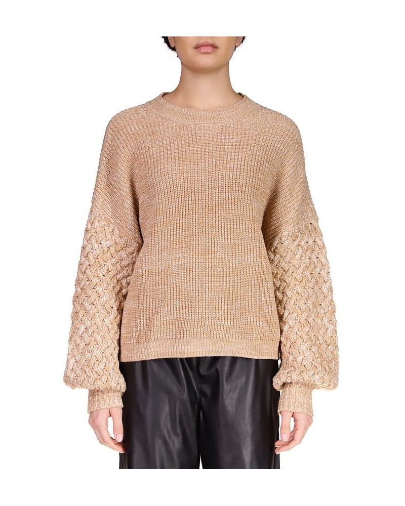 Women's Drop-Shoulder Cable-Sleeve Sweater Tan/Beige $34.24 Sweaters