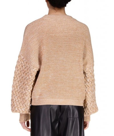 Women's Drop-Shoulder Cable-Sleeve Sweater Tan/Beige $34.24 Sweaters