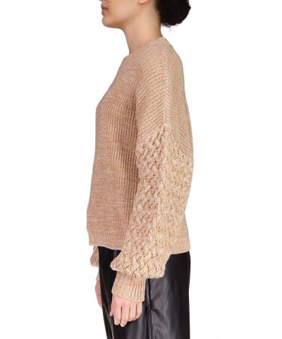 Women's Drop-Shoulder Cable-Sleeve Sweater Tan/Beige $34.24 Sweaters