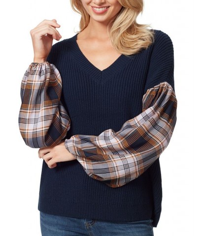 Women's Emmeline Mixed-Media Puff-Sleeve Sweater Black Iris $22.88 Sweaters