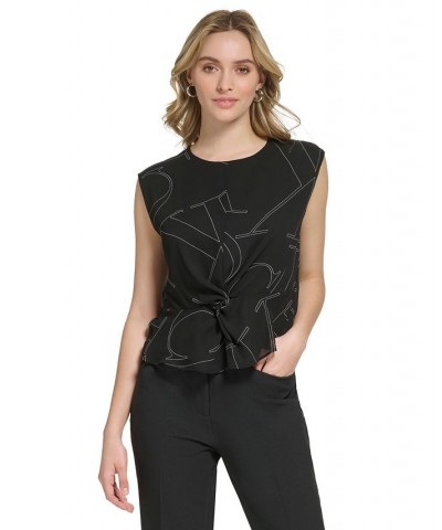 Women's Printed Sleeveless Twist-Front Blouse Black/White $33.39 Tops