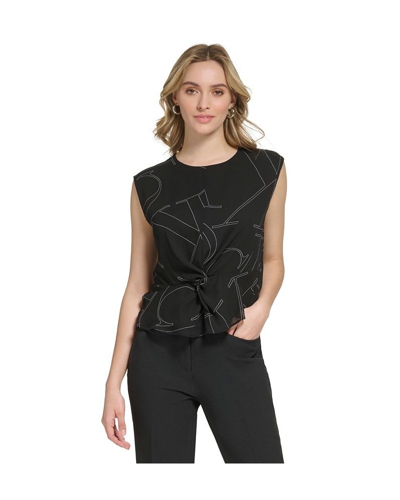 Women's Printed Sleeveless Twist-Front Blouse Black/White $33.39 Tops