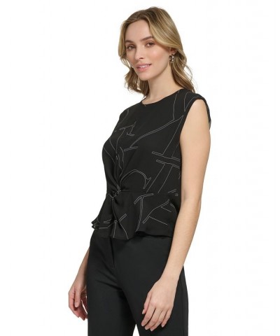 Women's Printed Sleeveless Twist-Front Blouse Black/White $33.39 Tops