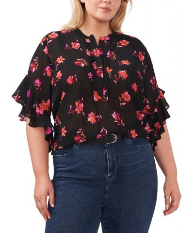 Plus Size Floral Flutter-Sleeve Blouse Pomegranate Pink $21.80 Tops