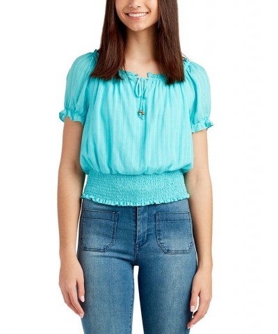 Juniors' Smocked-Waist Tie-Neck Top Azure $22.54 Tops