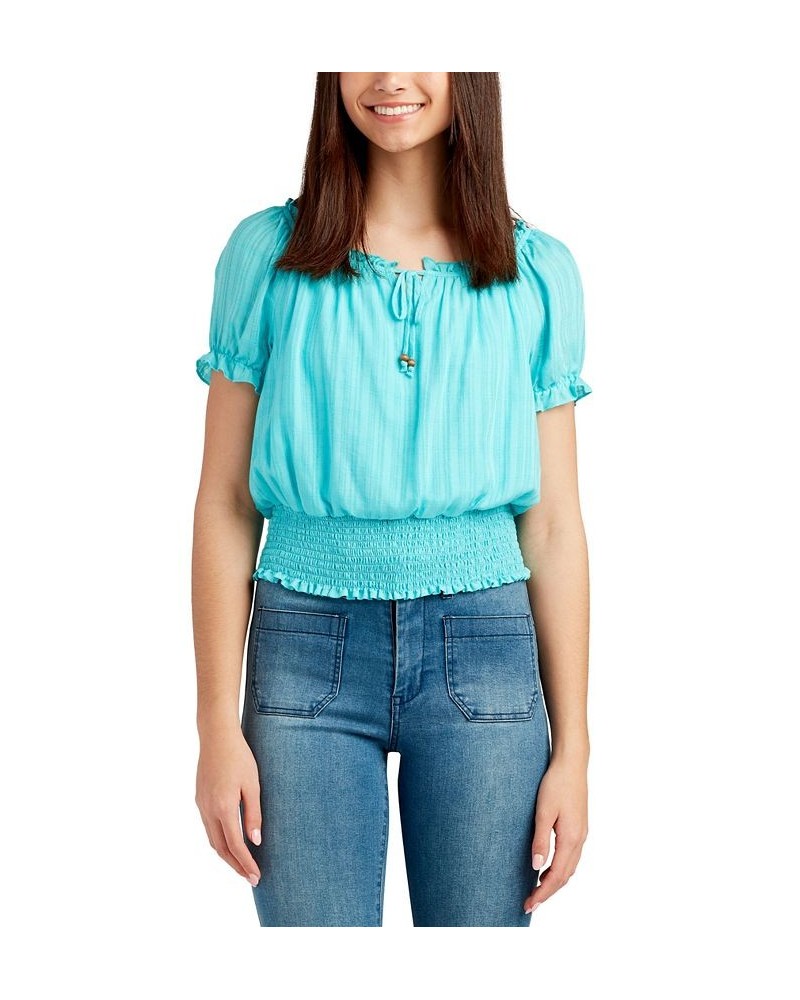 Juniors' Smocked-Waist Tie-Neck Top Azure $22.54 Tops