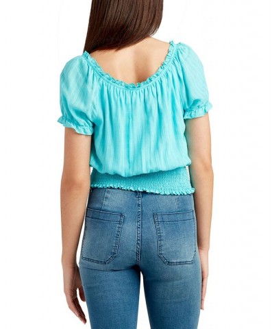 Juniors' Smocked-Waist Tie-Neck Top Azure $22.54 Tops