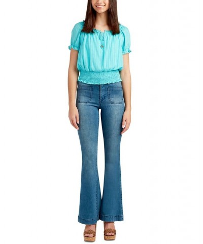 Juniors' Smocked-Waist Tie-Neck Top Azure $22.54 Tops