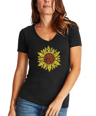 Women's Sunflower Word Art V-neck T-shirt Black $17.50 Tops