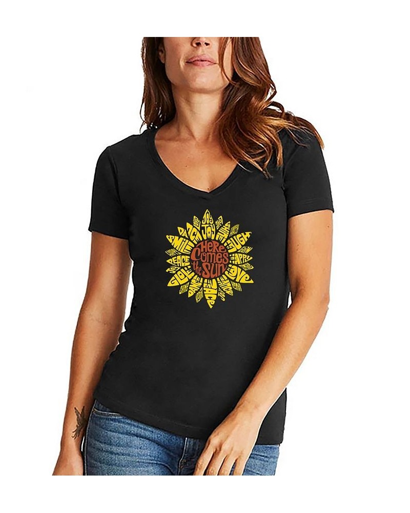 Women's Sunflower Word Art V-neck T-shirt Black $17.50 Tops