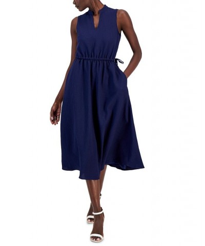 Women's Sleeveless Textured Drawstring-Waist Dress Blue $63.94 Dresses