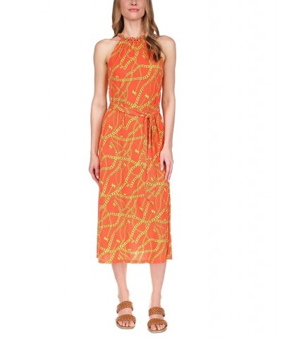 Women's Chain-Print Chain Midi Dress Optic Orange $73.50 Dresses