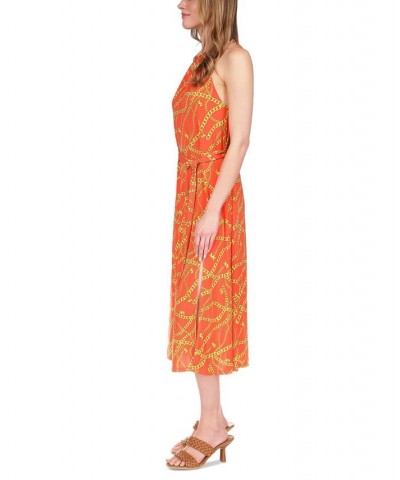 Women's Chain-Print Chain Midi Dress Optic Orange $73.50 Dresses