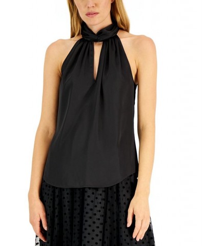 Matte Satin Twist-Neck Halter Top Black $29.85 Tops