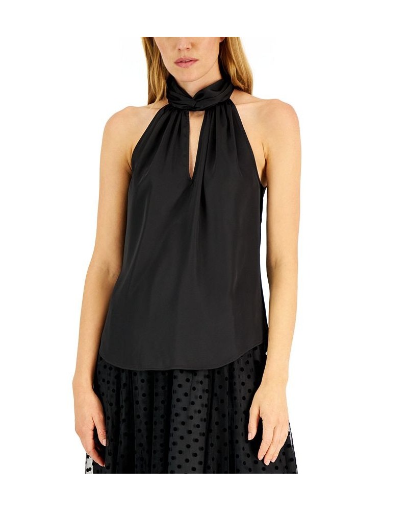 Matte Satin Twist-Neck Halter Top Black $29.85 Tops