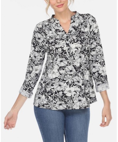 Women's Pleated Floral Print Blouse Black $32.00 Tops