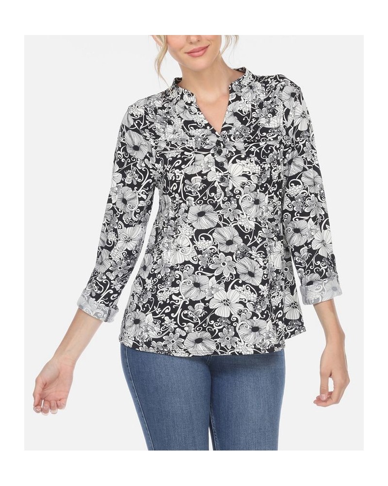 Women's Pleated Floral Print Blouse Black $32.00 Tops