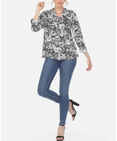 Women's Pleated Floral Print Blouse Black $32.00 Tops