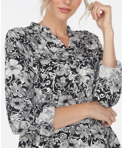 Women's Pleated Floral Print Blouse Black $32.00 Tops