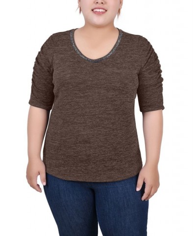 Plus Size Rouched Sleeve Top Brown $19.76 Tops