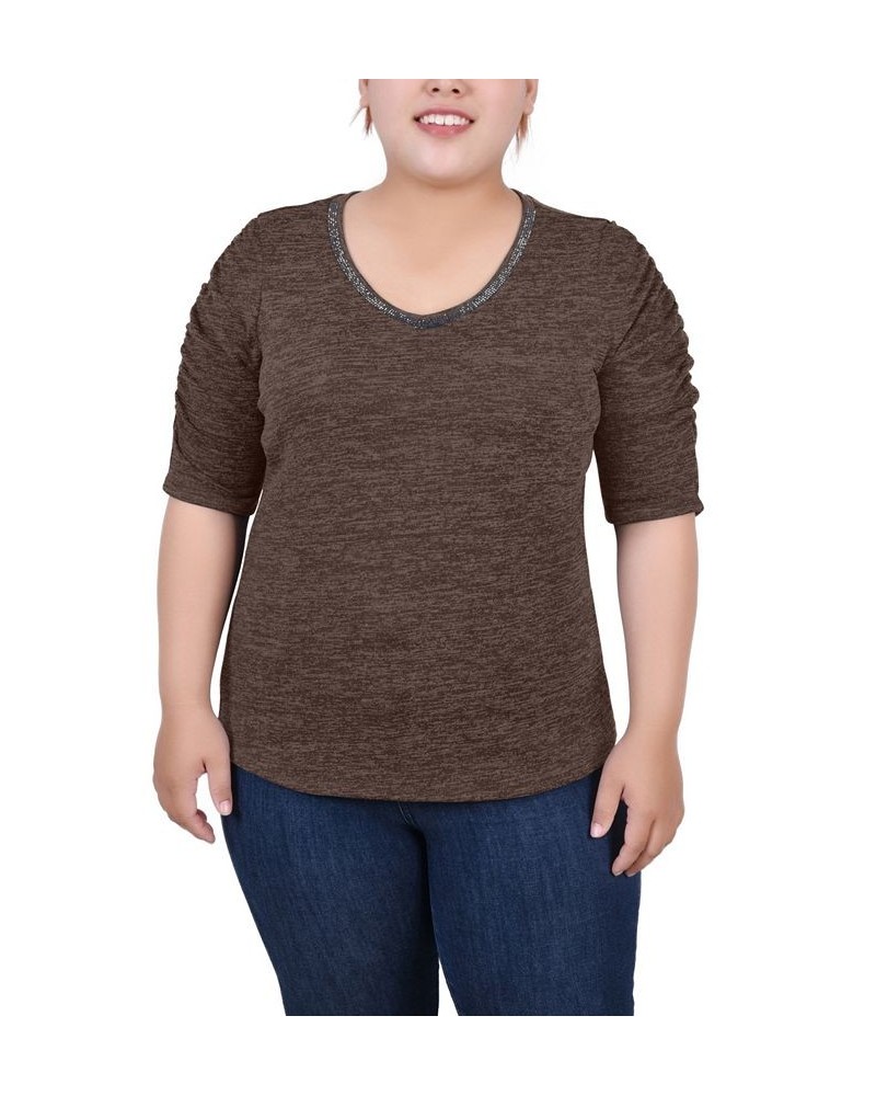 Plus Size Rouched Sleeve Top Brown $19.76 Tops