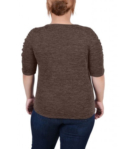 Plus Size Rouched Sleeve Top Brown $19.76 Tops