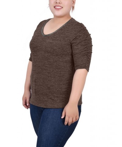 Plus Size Rouched Sleeve Top Brown $19.76 Tops