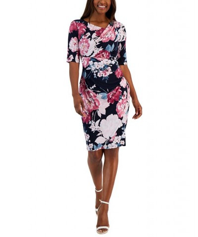 Women's Floral-Print Elbow-Sleeve Sheath Dress Dark Pink $22.87 Dresses