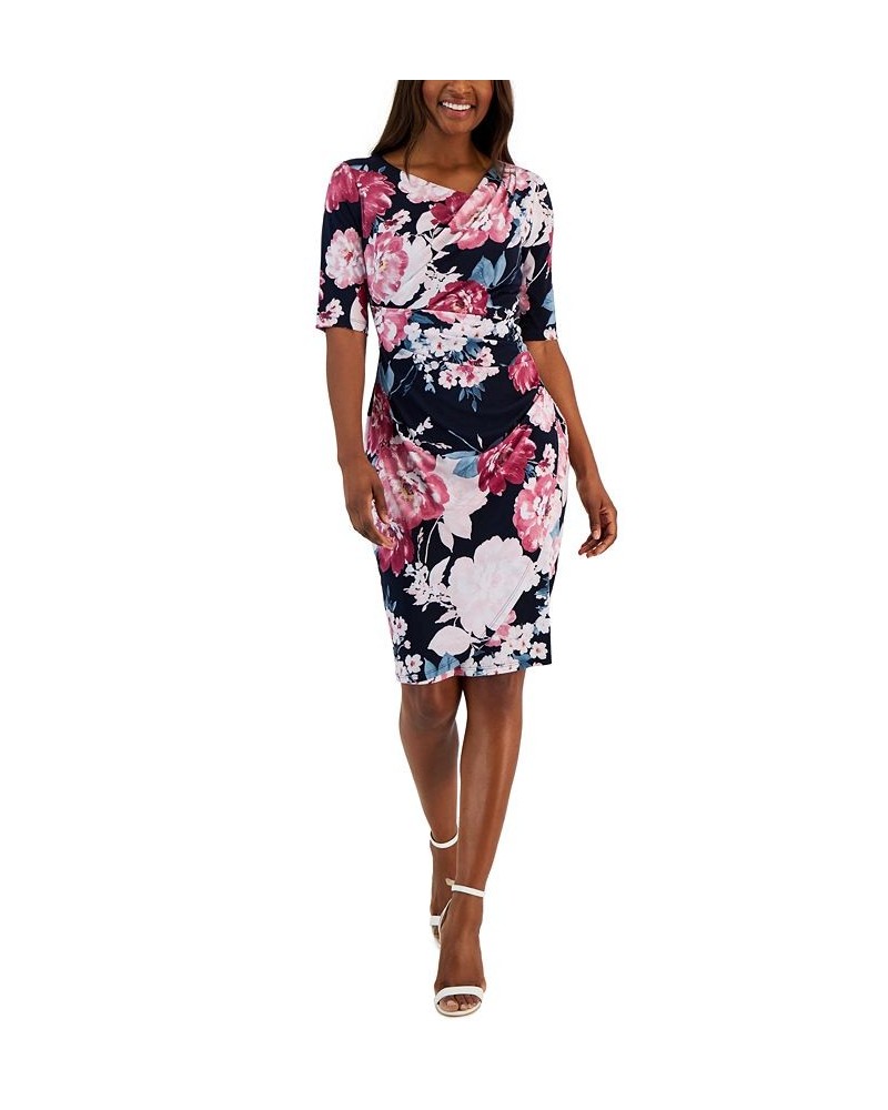 Women's Floral-Print Elbow-Sleeve Sheath Dress Dark Pink $22.87 Dresses