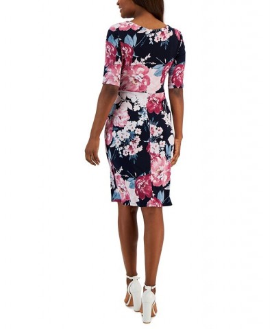 Women's Floral-Print Elbow-Sleeve Sheath Dress Dark Pink $22.87 Dresses