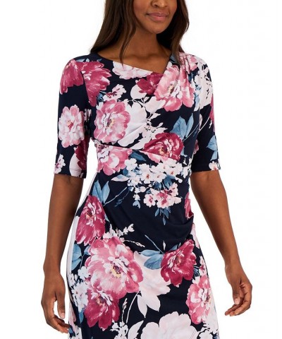 Women's Floral-Print Elbow-Sleeve Sheath Dress Dark Pink $22.87 Dresses