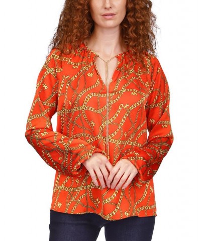 Women's Logo-Print Chain Split-Neck Top Regular & Petite Orange $45.90 Tops