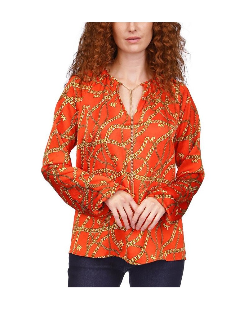 Women's Logo-Print Chain Split-Neck Top Regular & Petite Orange $45.90 Tops