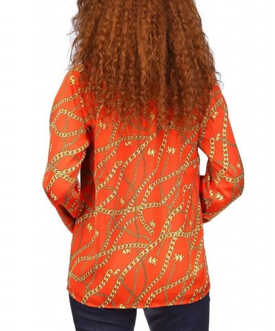 Women's Logo-Print Chain Split-Neck Top Regular & Petite Orange $45.90 Tops