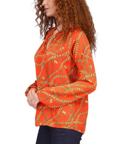 Women's Logo-Print Chain Split-Neck Top Regular & Petite Orange $45.90 Tops