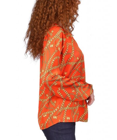 Women's Logo-Print Chain Split-Neck Top Regular & Petite Orange $45.90 Tops