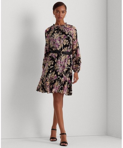 Women's Floral Crinkle Georgette Tie-Neck Dress Black/Lavender/Cream $42.90 Dresses