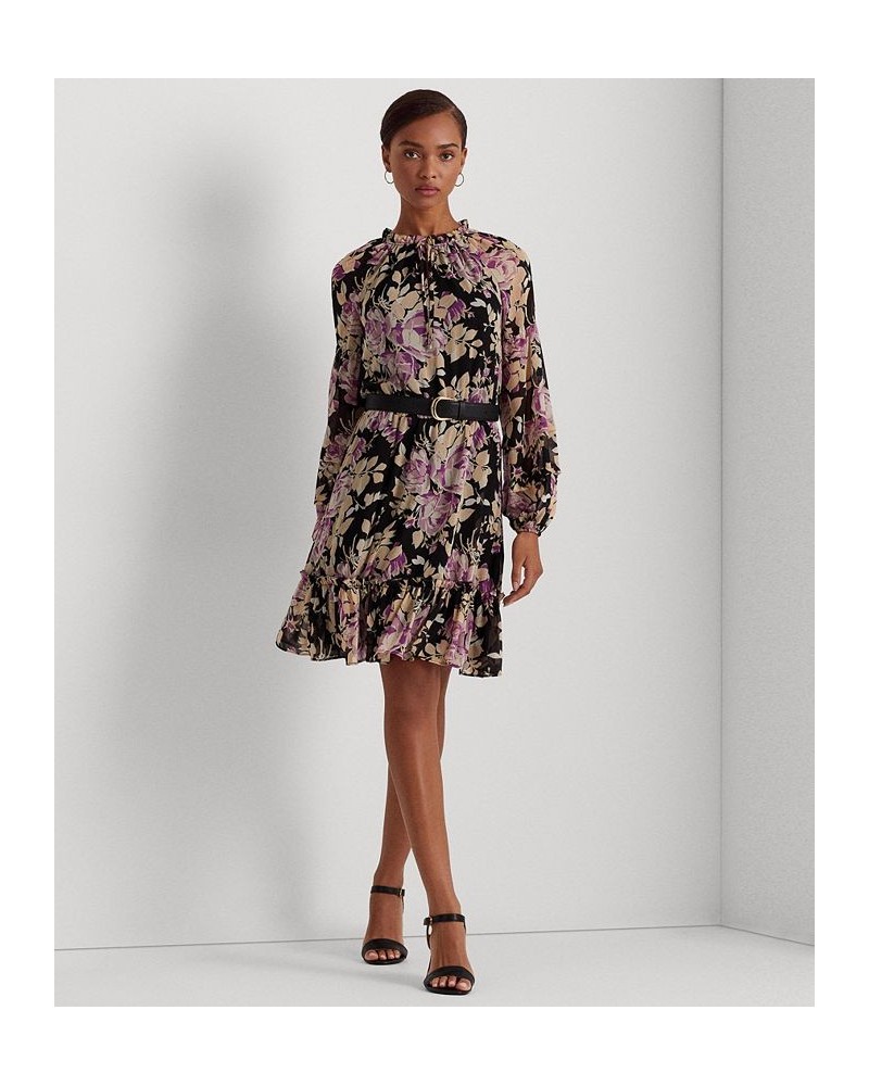 Women's Floral Crinkle Georgette Tie-Neck Dress Black/Lavender/Cream $42.90 Dresses