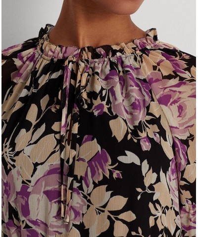 Women's Floral Crinkle Georgette Tie-Neck Dress Black/Lavender/Cream $42.90 Dresses