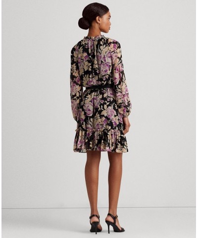 Women's Floral Crinkle Georgette Tie-Neck Dress Black/Lavender/Cream $42.90 Dresses