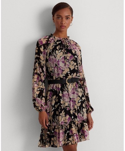 Women's Floral Crinkle Georgette Tie-Neck Dress Black/Lavender/Cream $42.90 Dresses