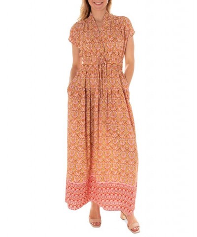 Women's Printed Cap-Sleeve Shirred-Waist Crepe Maxi Dress Orange $37.76 Dresses